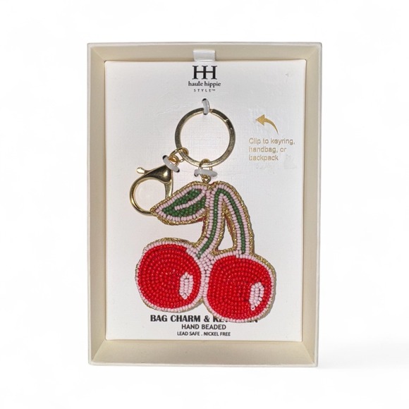 Haute Hippie Style Red Cherry Bag Charm Keychain Hand Beaded - Picture 4 of 4